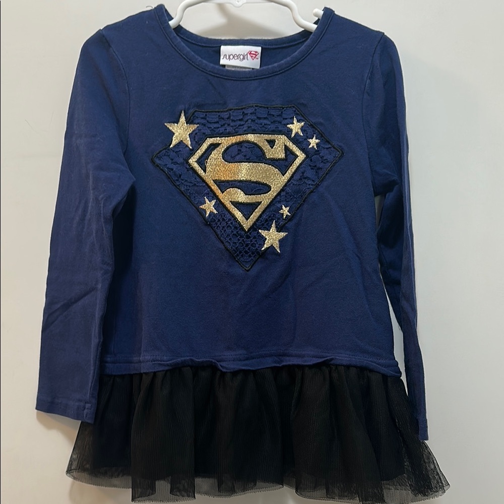 Supergirl Blue and Black Long Sleeve Tunic with Gold Details Size 5